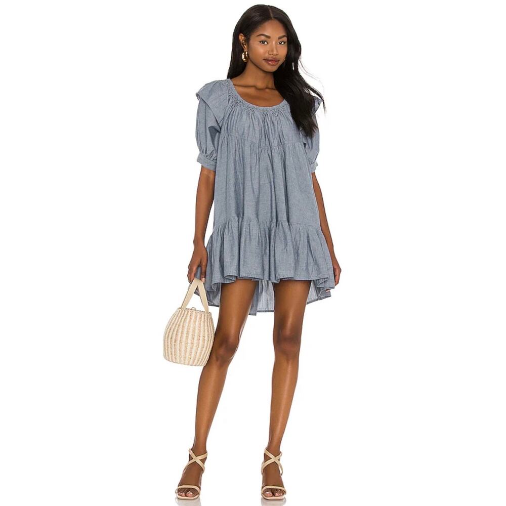 Free People Amelie Denim Mini Dress Blue Chambray Ruffle Puff Sleeve XS EUC - Picture 13 of 13